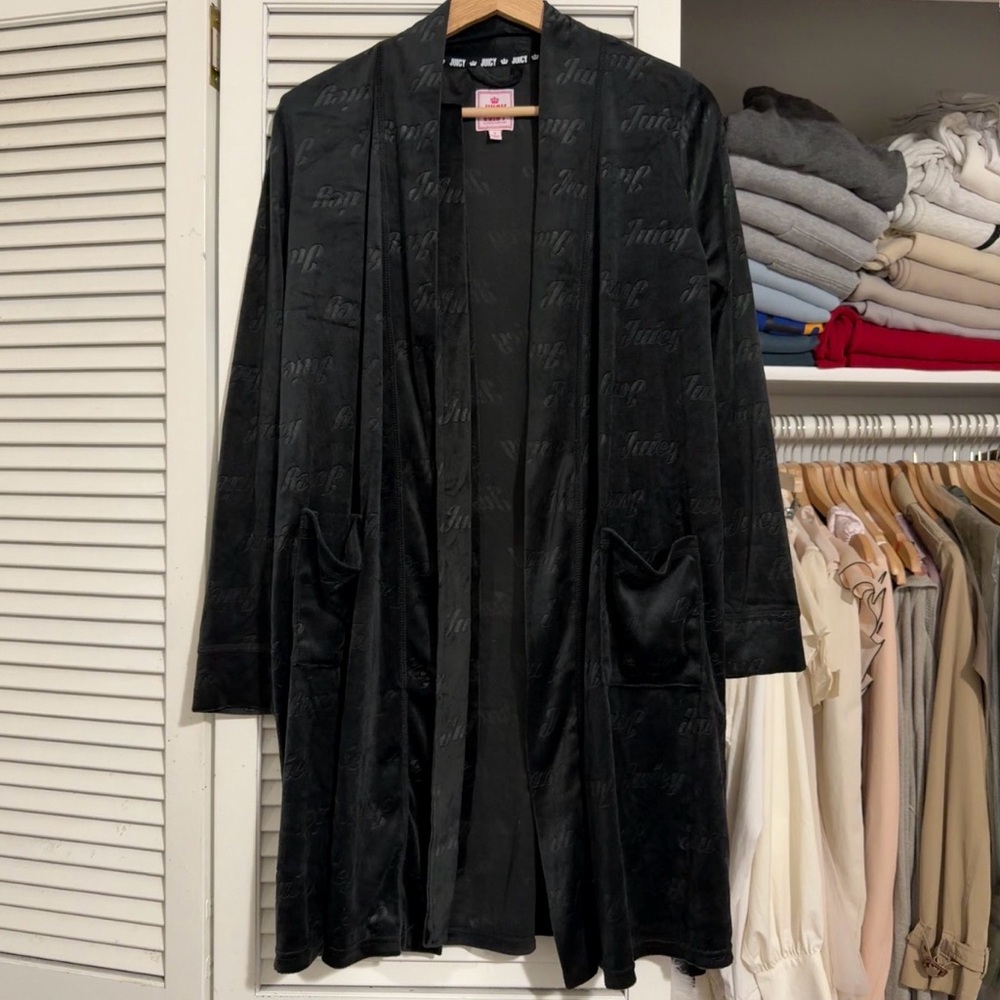 Juicy Couture Y2K Black Velour Wrap Robe | Embossed Logo | S